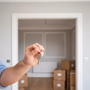 An auction catalogue open to a property listing with a gavel and a hand pointing, set against a blurred London cityscape, symbolizing the start of the auction buying journey for first-time buyers.